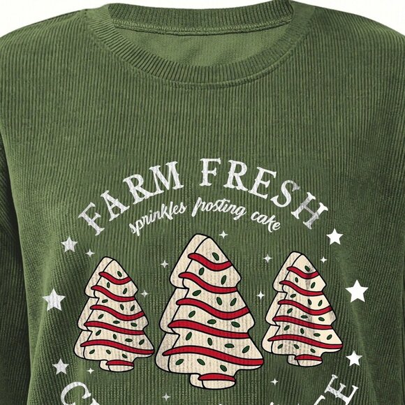 Army Green Casual Women's Christmas Letter  Sweatshirt - Picture 3 of 3